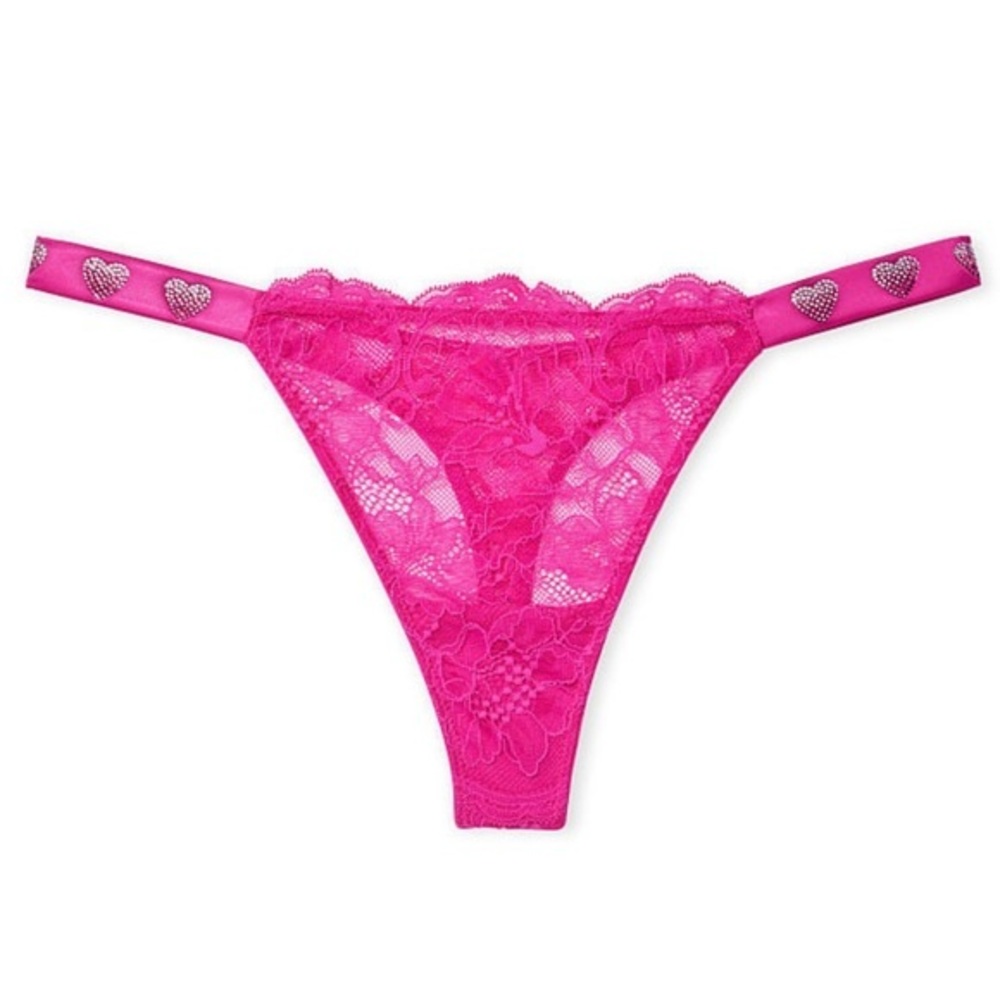 NWT Limited Edition Valentines Pink Lacey Rhinestone Heart Thong Panty
